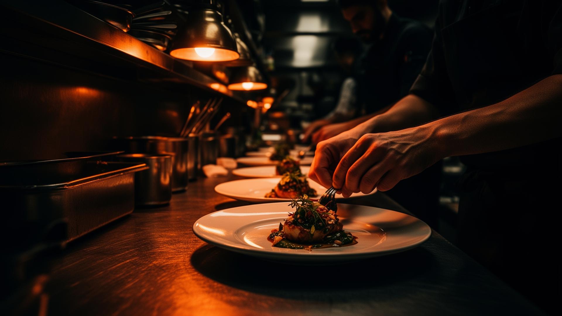 Chef plating during service in a professional kitchen